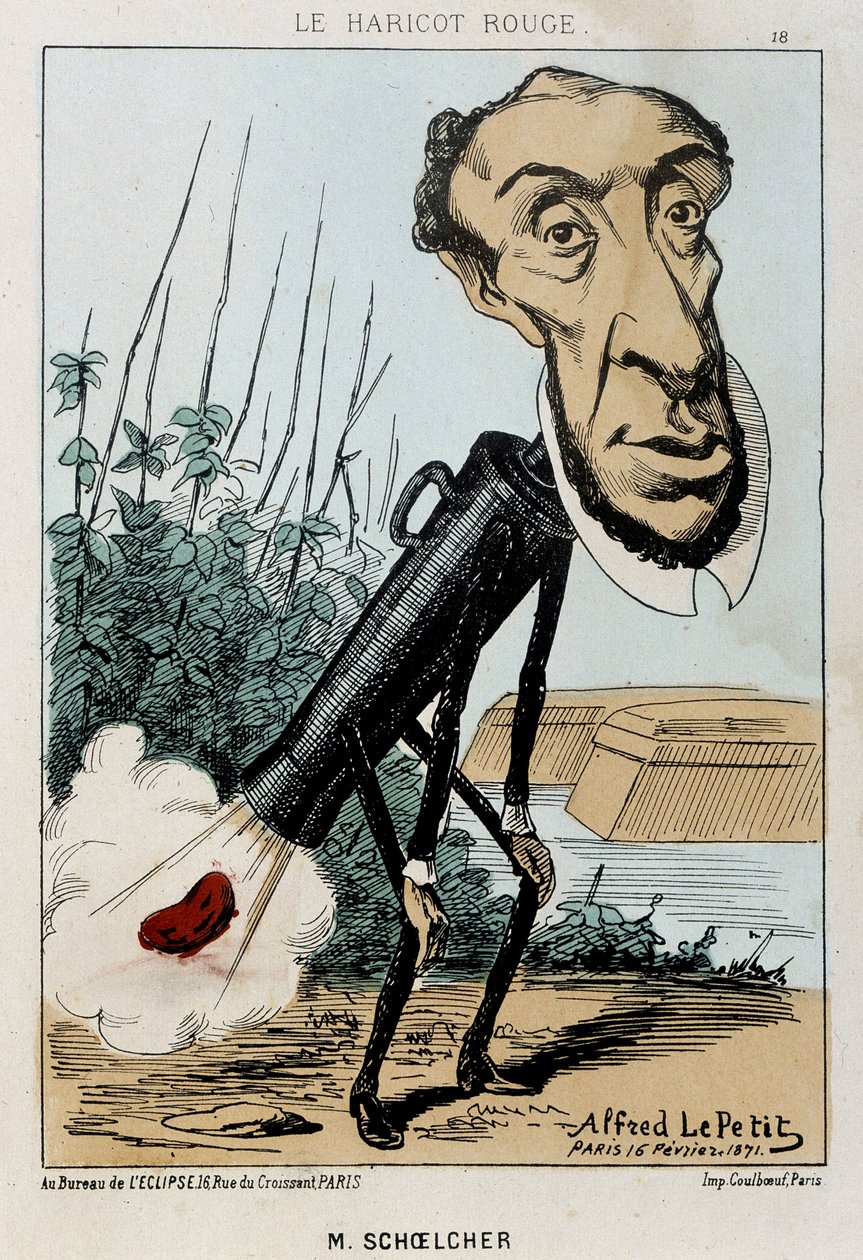 Le Bean rouge: Victor Schoelcher karikatúrája, aki Peter vonatában egy babot (fingot) ábrázol - ill. 1871.02.16., "Fleurs, Fruits et Vegetables du Jour" alkotó: Alfred Petit