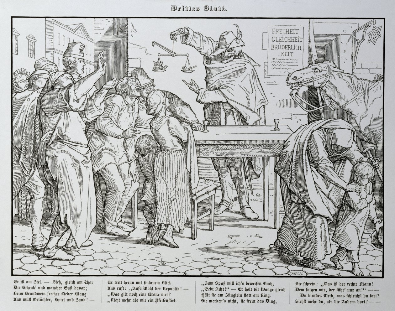 Halál a nyilvános ház előtt, Georg Wigand Lipcsében, 1849-ben megjelent „A halál másik tánca” című művéből alkotó: Alfred Rethel