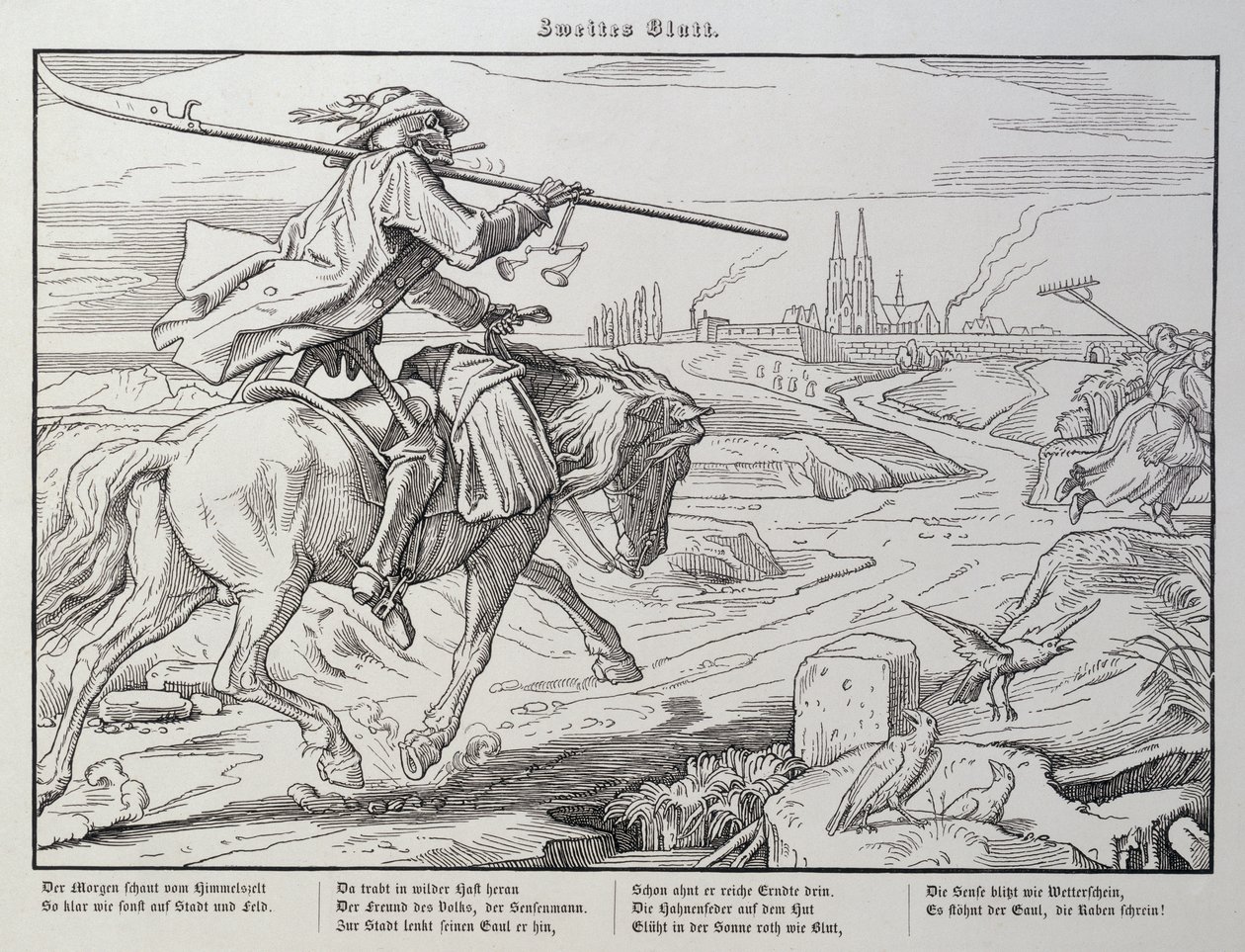 Death Rides to Town, 2. lemez az „Another Dance of Death”-ből, amelyet Georg Wigand adott ki Lipcsében, 1849 alkotó: Alfred Rethel