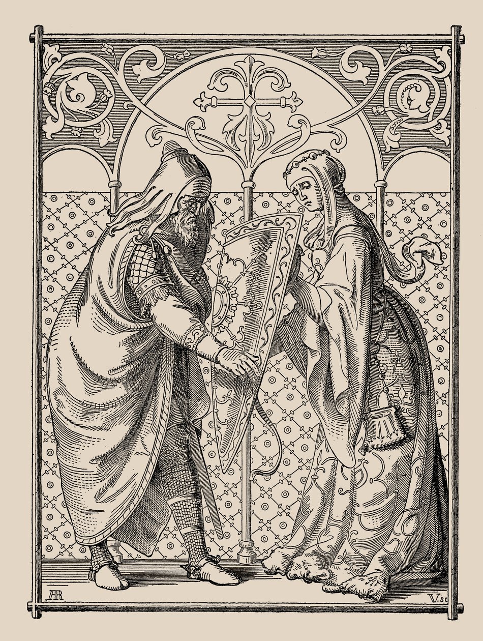 A nibelungok. Hagen pajzskérelme, 1840-1841. alkotó: Alfred Rethel
