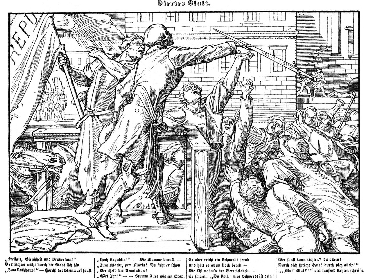 Totentanz 1848: A halál felajánlja az igazságosság kardját alkotó: Alfred Rethel