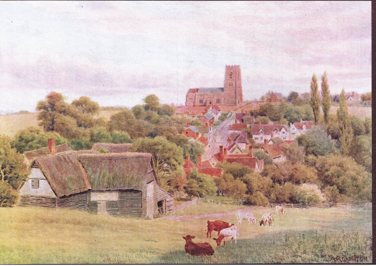 The Church on the Hill, Kersey, Suffolk, a The Cottages and the Village Life of Rural England kiadványból, amelyet a Dent & Sons Limited adott ki, 1912 alkotó: Alfred Robert Quinton