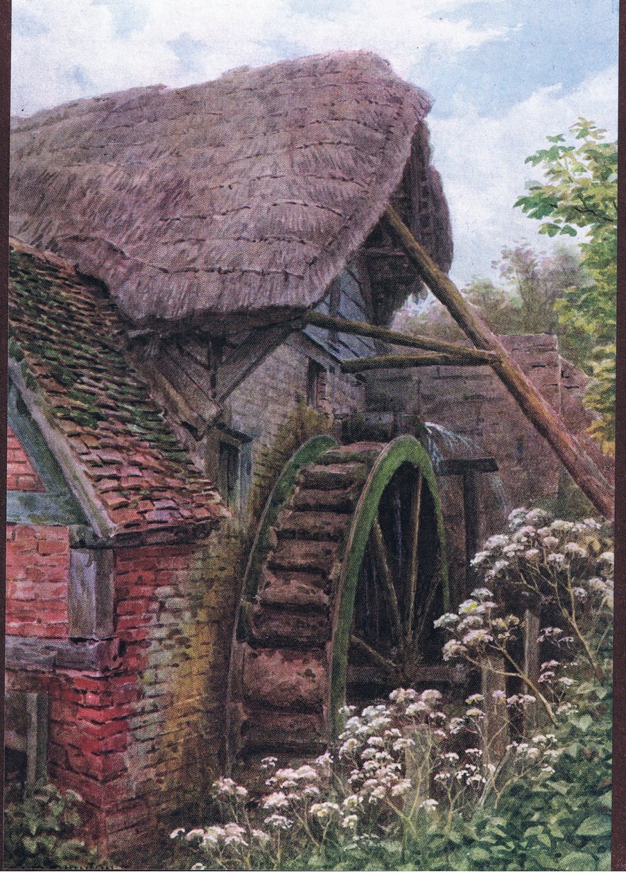A malom kerék, Elmley kastély, Worcester, a The Cottages and the Village Life of Rural Englandből, a Dent & Sons Limited kiadásában alkotó: Alfred Robert Quinton