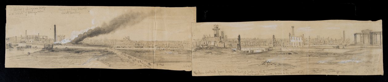 Északi kerület az Erie Street Bridge-től, kelet felé nézve, az 1871-es chicagói tűzvész idején (ceruza és kréta papíron) alkotó: Alfred Rudolph Waud