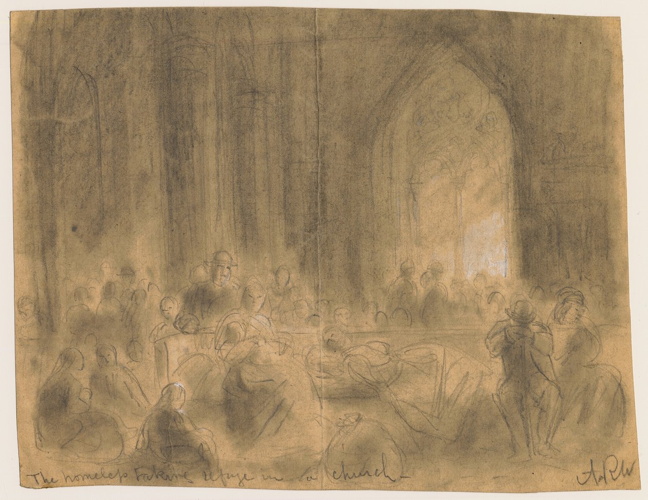 Hajléktalanok, akik egy templomban kerestek menedéket az 1871-es chicagói tűzvész idején alkotó: Alfred Rudolph Waud