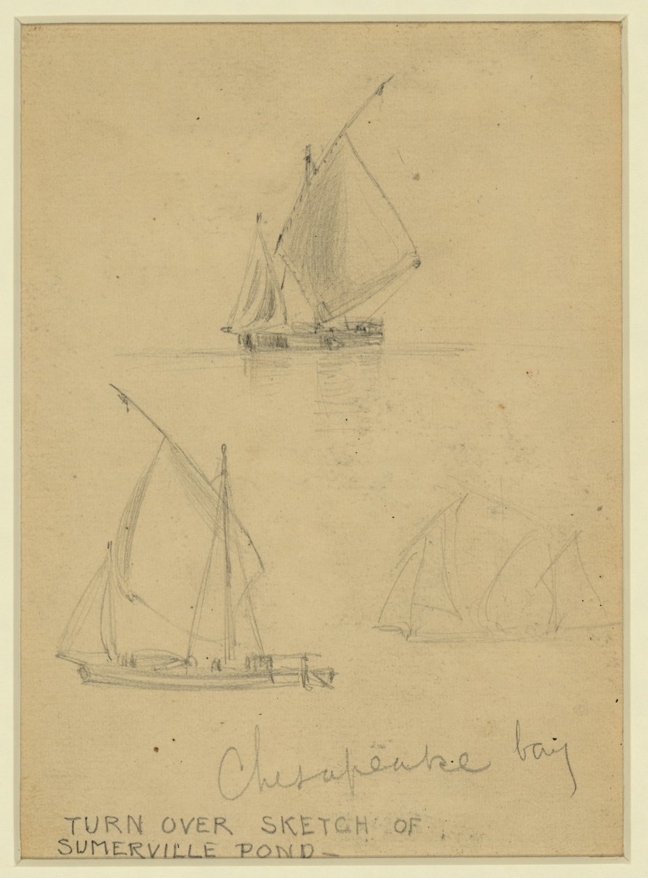 Három vitorlás a Chesapeake-öbölben alkotó: Alfred Rudolph Waud