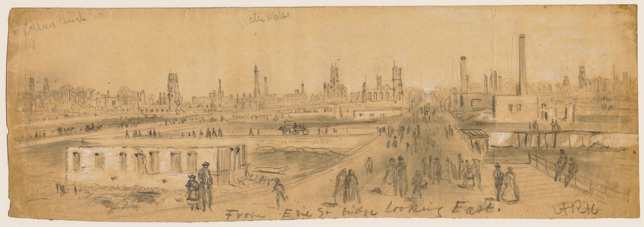 Kilátás az Erie Street hídról keletre nézve az 1871-es chicagói tűzvész idején alkotó: Alfred Rudolph Waud