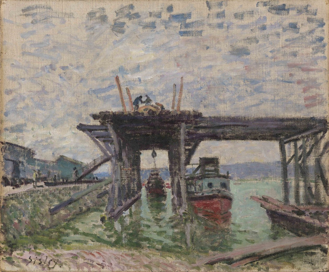Német: épülő híd A River Boat Garage alkotó: Alfred Sisley