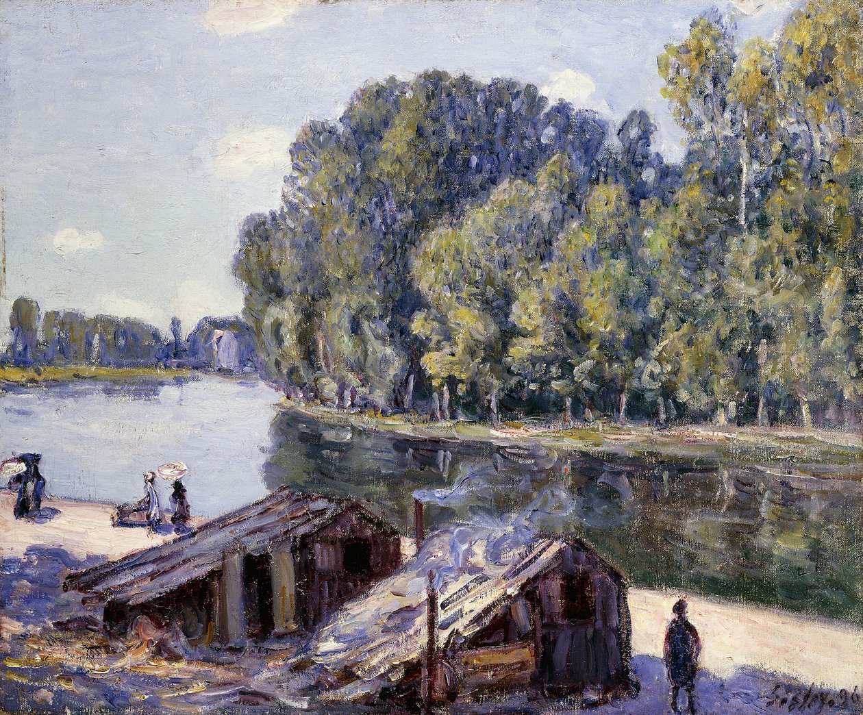 Kunyhók a Canal du Loing szélén, süt a nap; Kabinok a Canal du Loing-Sun Effect szélén alkotó: Alfred Sisley