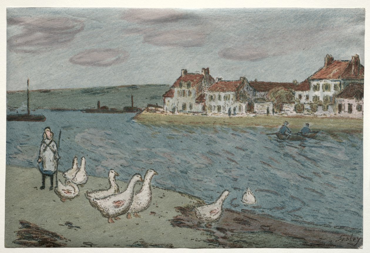 A folyópart vagy libák alkotó: Alfred Sisley
