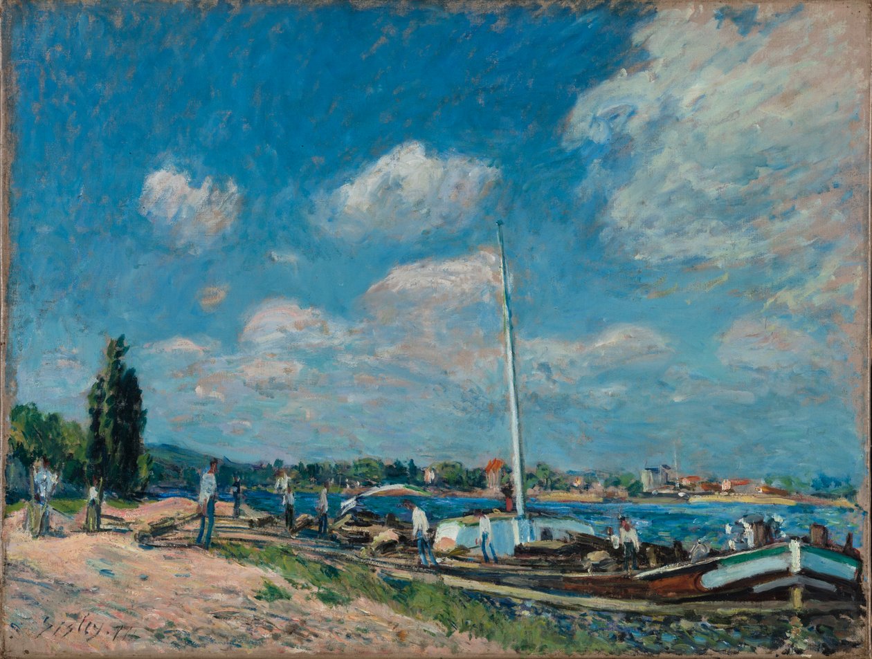 Bárkák kirakodása Billancourtban, 1877. alkotó: Alfred Sisley