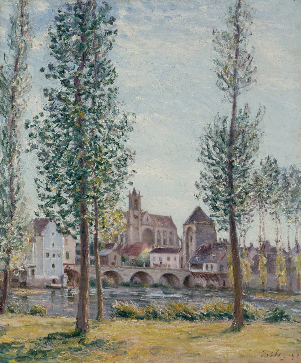 Moret sur Loing kilátása a fákon keresztül alkotó: Alfred Sisley