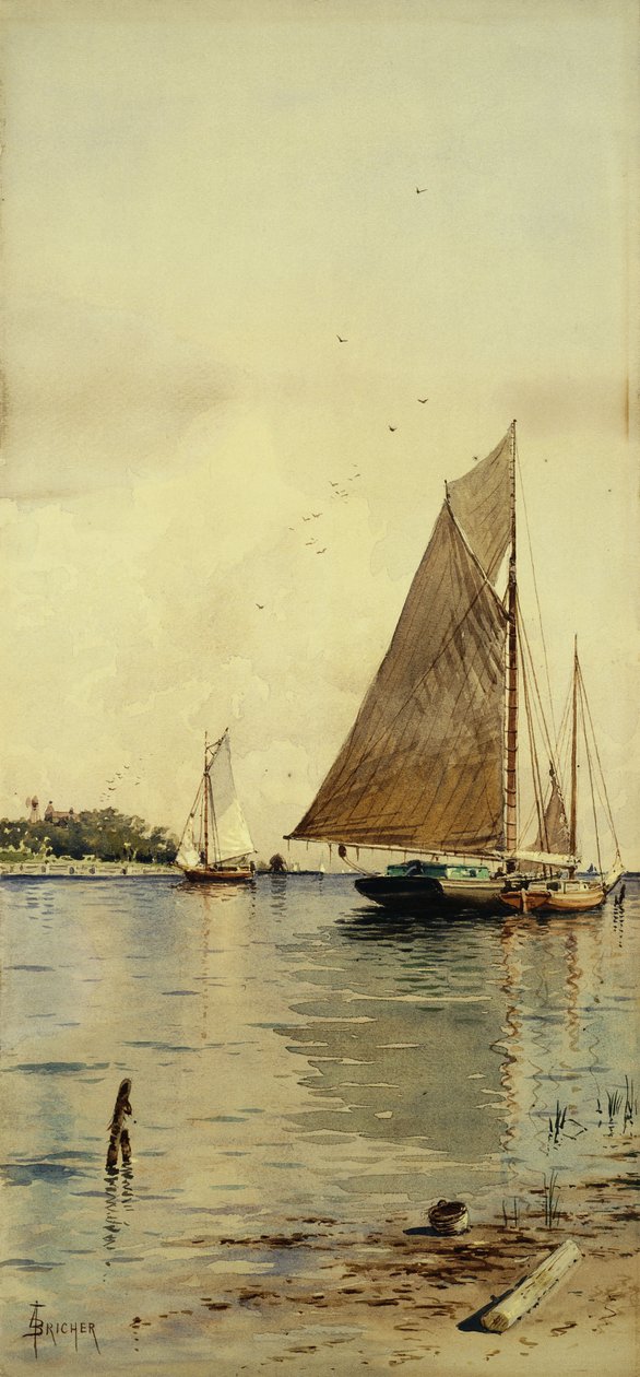 Vitorlák szárítása, Oyster Boats, Patchogue, Long Island, alkotó: Alfred Thompson Bricher