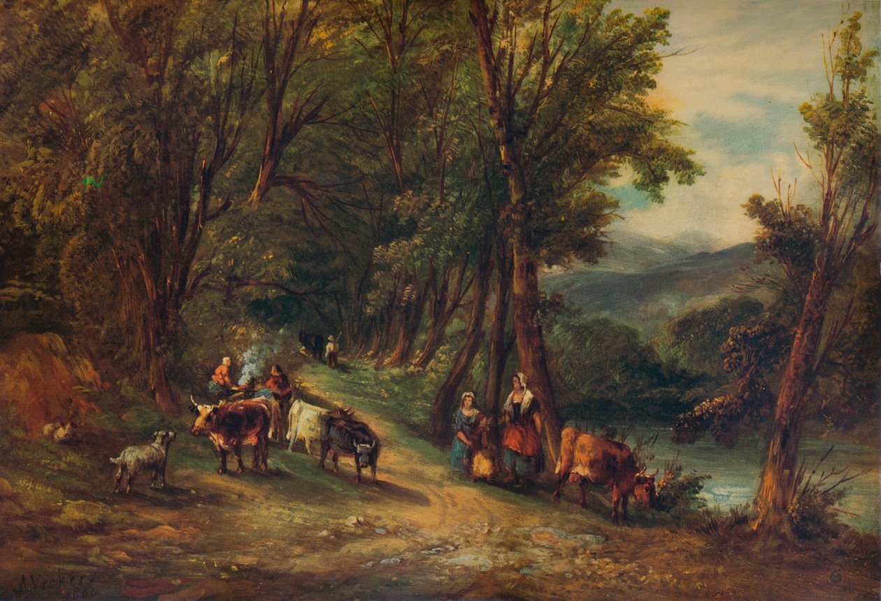 "Szarvasmarhák és alakok erdős völgyben a patakkal", 1860, 1938 alkotó: Alfred Vickers