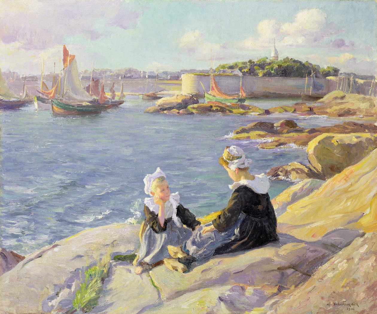 Breton Girls a kikötőben, Concarneau alkotó: Alfred Victor Fournier