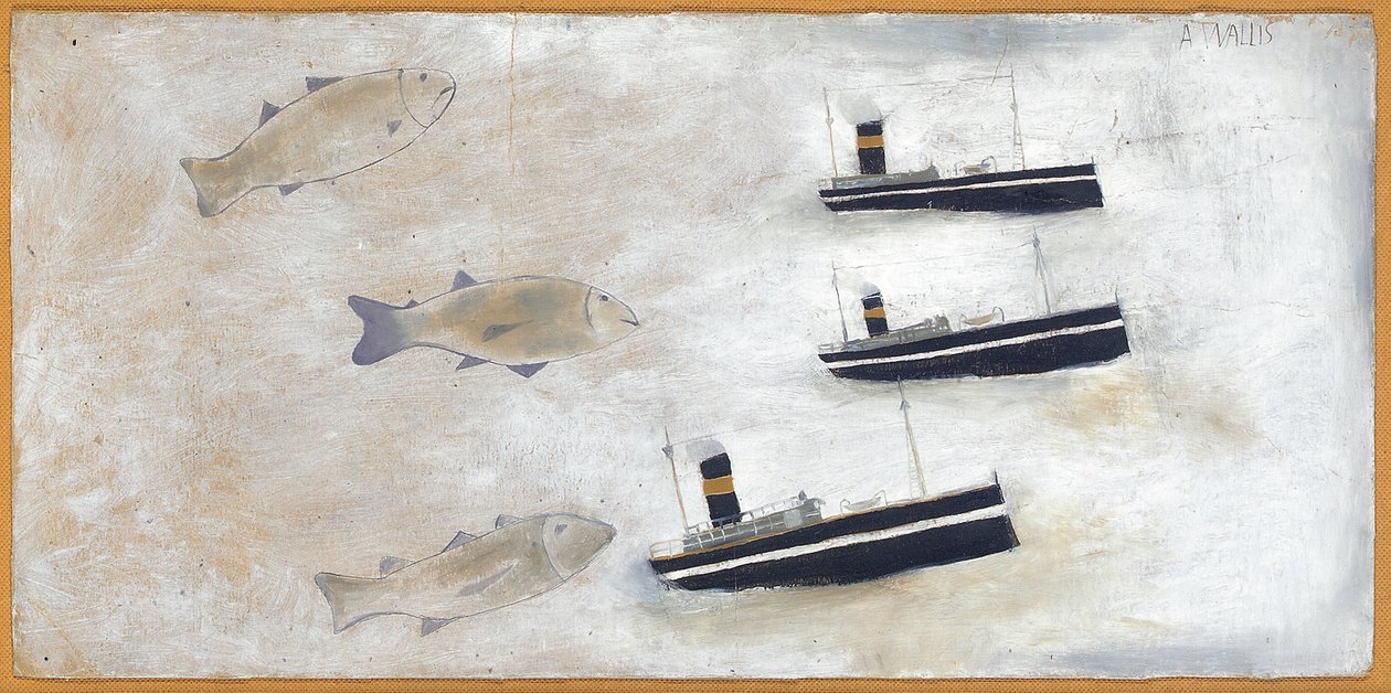 Hal és vonóhálós halászhajó (ceruza és olaj a kártyán) alkotó: Alfred Wallis