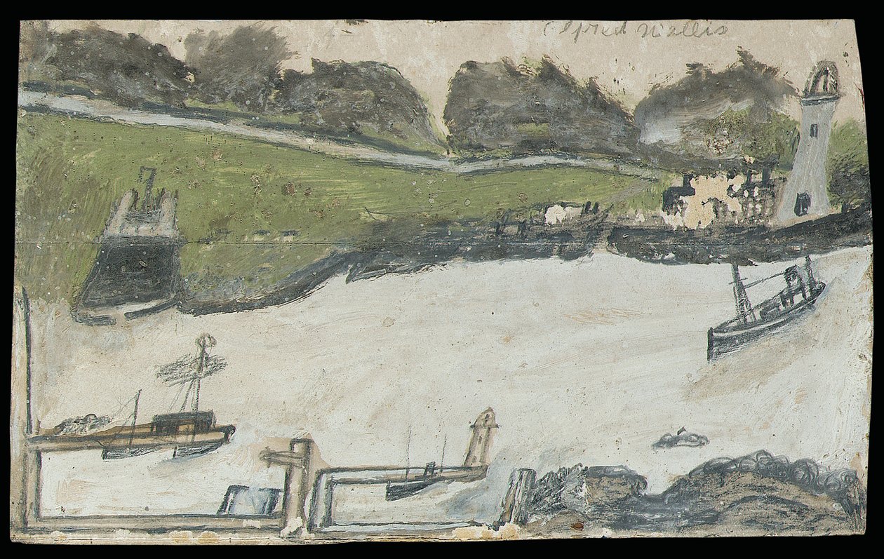 Kikötői jelenet várral és világítótoronnyal (ceruza és olaj a kártyán) alkotó: Alfred Wallis