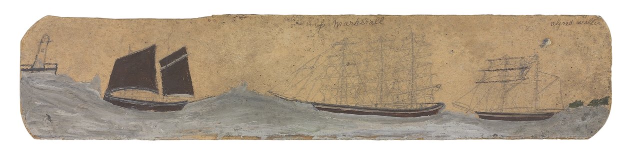 Lugger és két kisebb vitorlás hajó közeledik a kikötő felé, 1855-1942 körül (olaj és ceruza, kártya) alkotó: Alfred Wallis