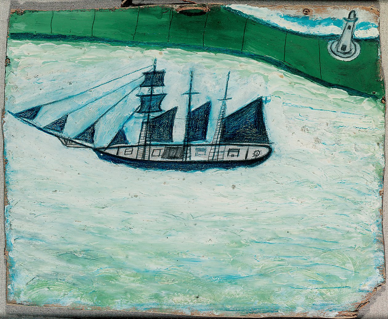 Hajó és világítótorony, 1925 körül (olaj a fedélzeten) alkotó: Alfred Wallis