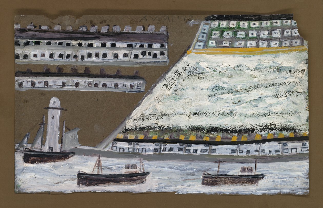 Hajók és világítótorony, házak (ceruza és olaj, papír) alkotó: Alfred Wallis