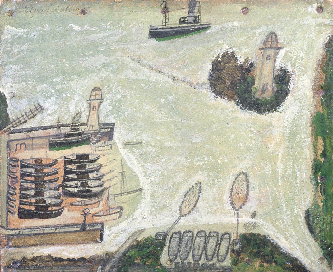 St. Ives kikötője és Godrevy világítótornya, 1930 körül alkotó: Alfred Wallis
