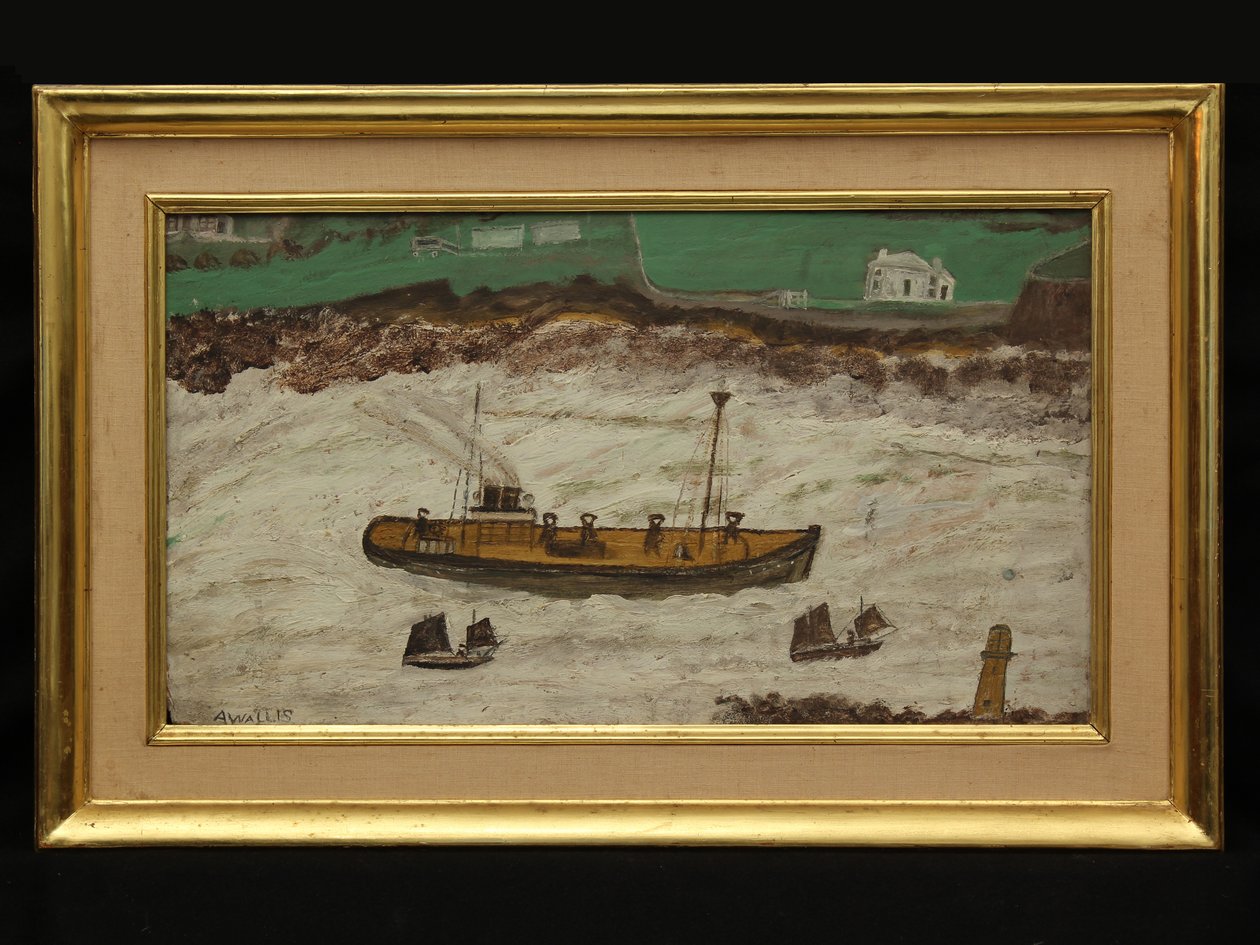 Három csónak a világítótorony és a part között, 1930 körül (olaj a kártyán) alkotó: Alfred Wallis