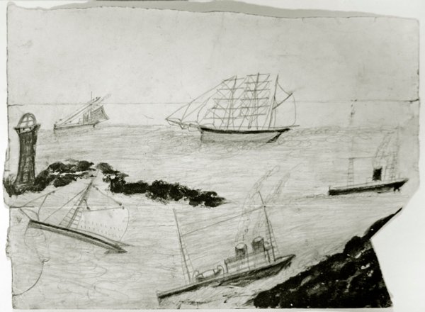 Három vitorlás, két gőzhajó és Godrevy világítótorony, 1935-38 körül (olaj és ceruza a kártyán) alkotó: Alfred Wallis