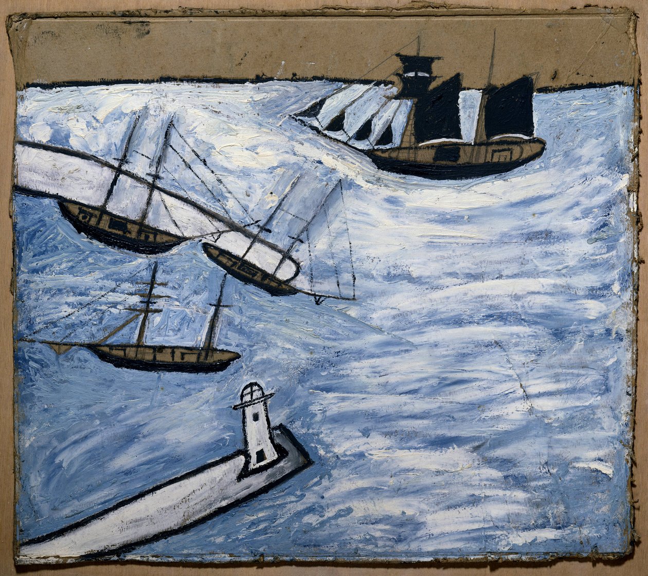 Saint Ives kikötőjének és világítótornyának látképe (Cornwall, Anglia). Olaj és ceruza, karton, Alfred Wallis (1855-1942). alkotó: Alfred Wallis