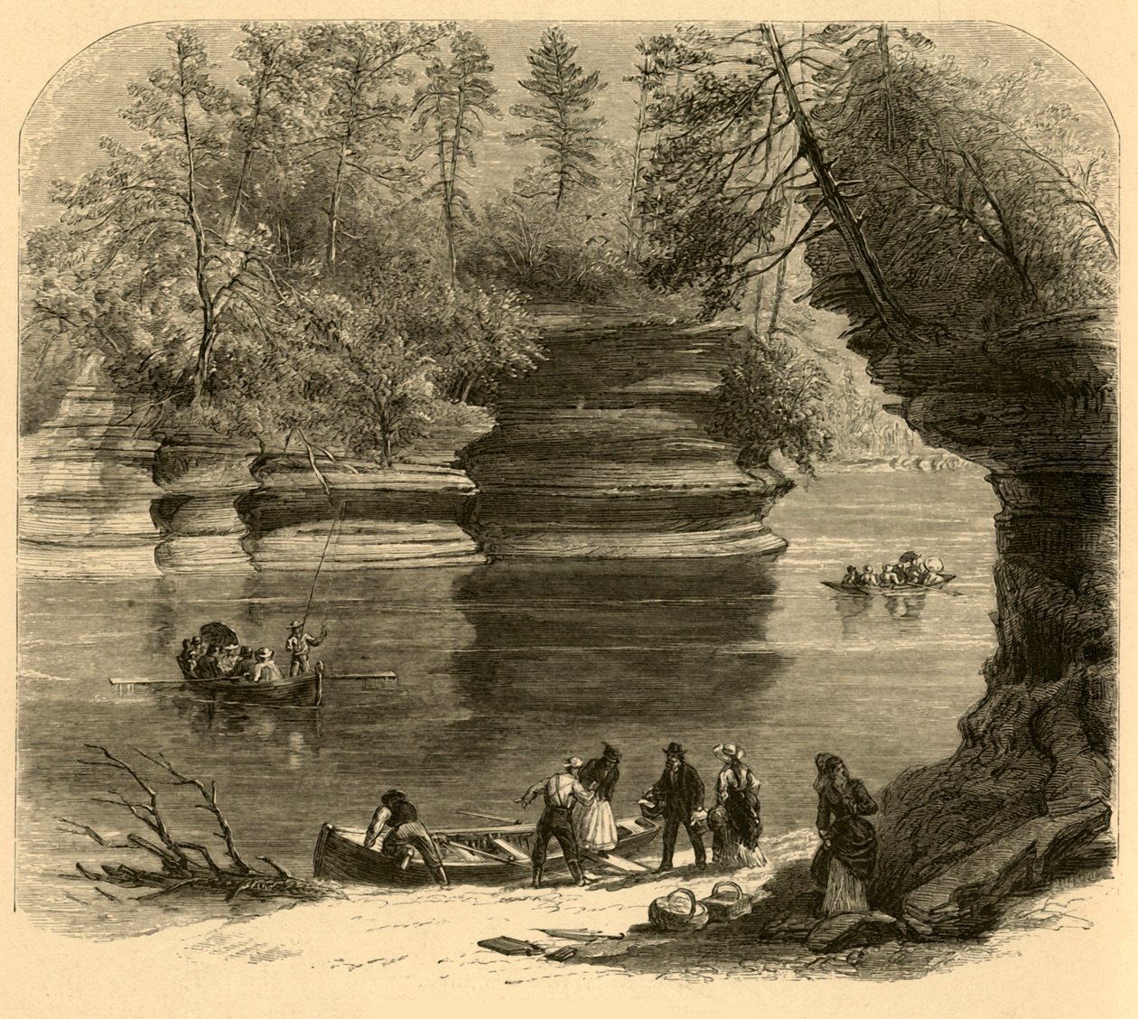 "Steamboat Rock, Wisconsin River", 1874. alkotó: Alfred Rudolph Waud