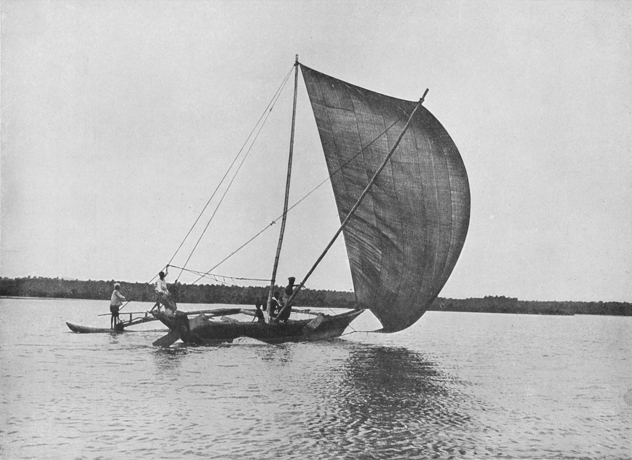 Outrigger kenu teljes vitorlában a Negombo tavon, 1890, 1910 alkotó: Alfred William Amandus Plate