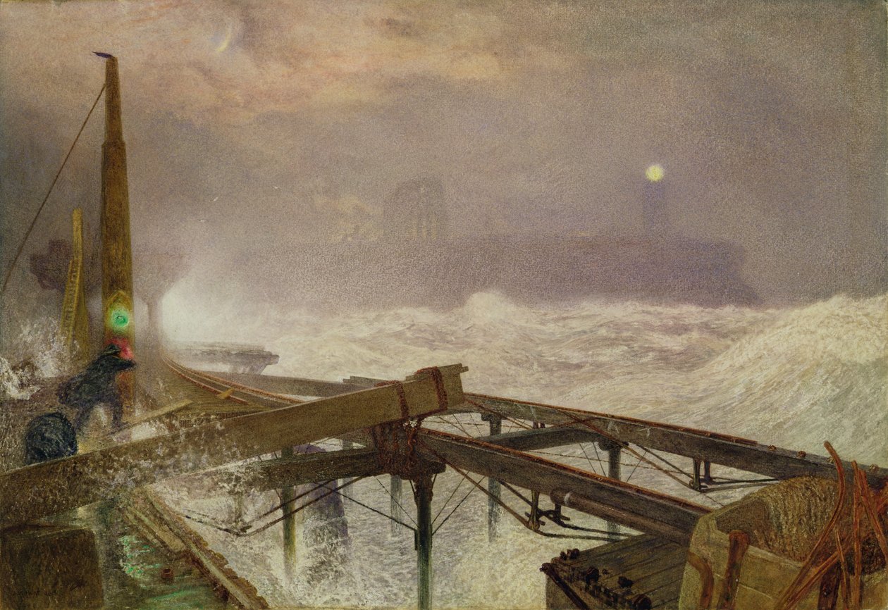 Kék fények, Teignmouth móló – Lámpák gyújtása naplementekor, 1868 (wc, karosszéria színe és kikarcolása papíron) alkotó: Alfred William Hunt