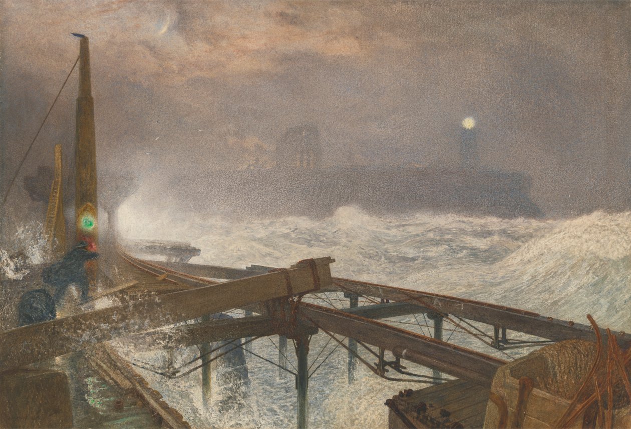 Tynemouth Pier – Lámpák gyújtása napnyugtakor alkotó: Alfred William Hunt