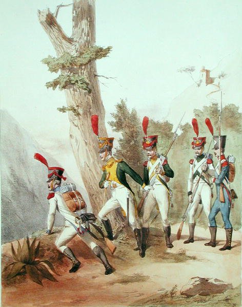 Francia csapatok, vésette Gustave David (1824-91) 1810 (litho) alkotó: Alfred de (after) Marbot