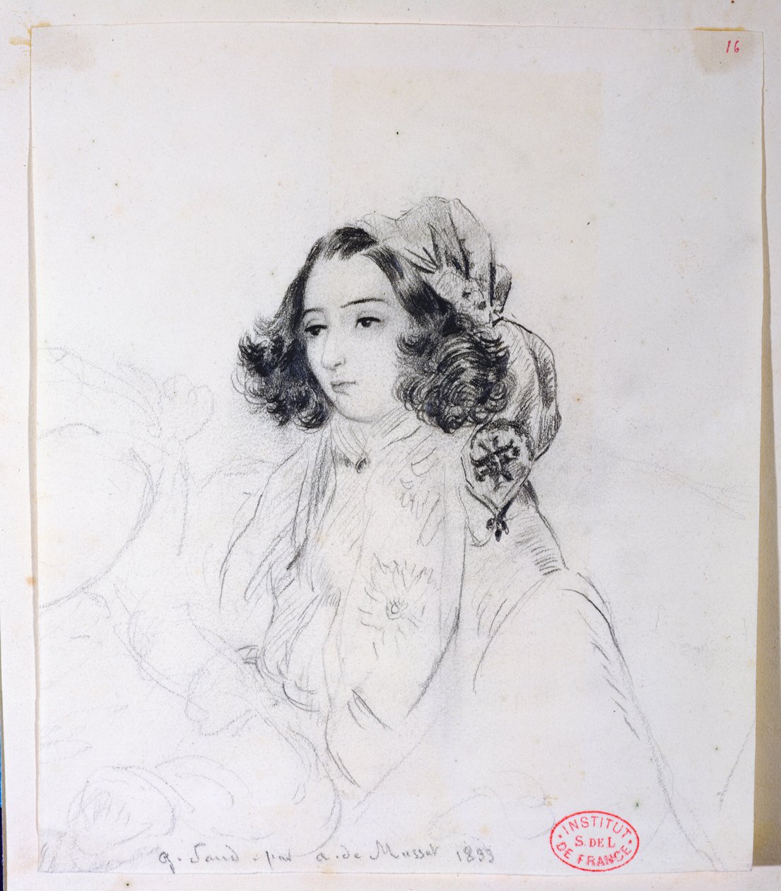 George Sand (1804-76) fejkendőt visel, 1833 alkotó: Alfred de Musset