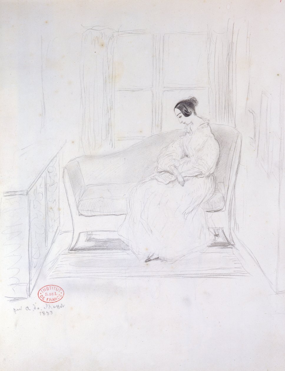 George Sand (1804-76), az ablak melletti kanapén olvas, 1833 alkotó: Alfred de Musset