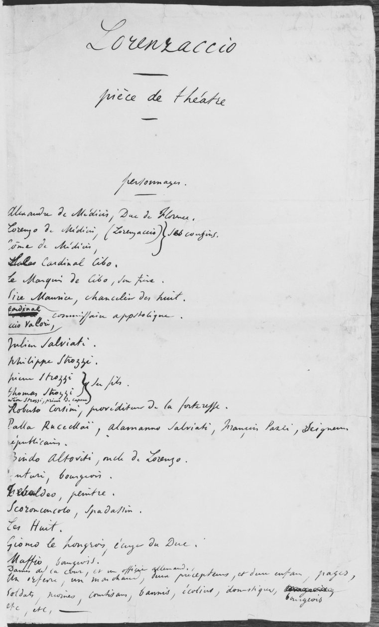 A „Lorenzaccio” eredeti kézirata, szereplők listája, 1834 alkotó: Alfred de Musset