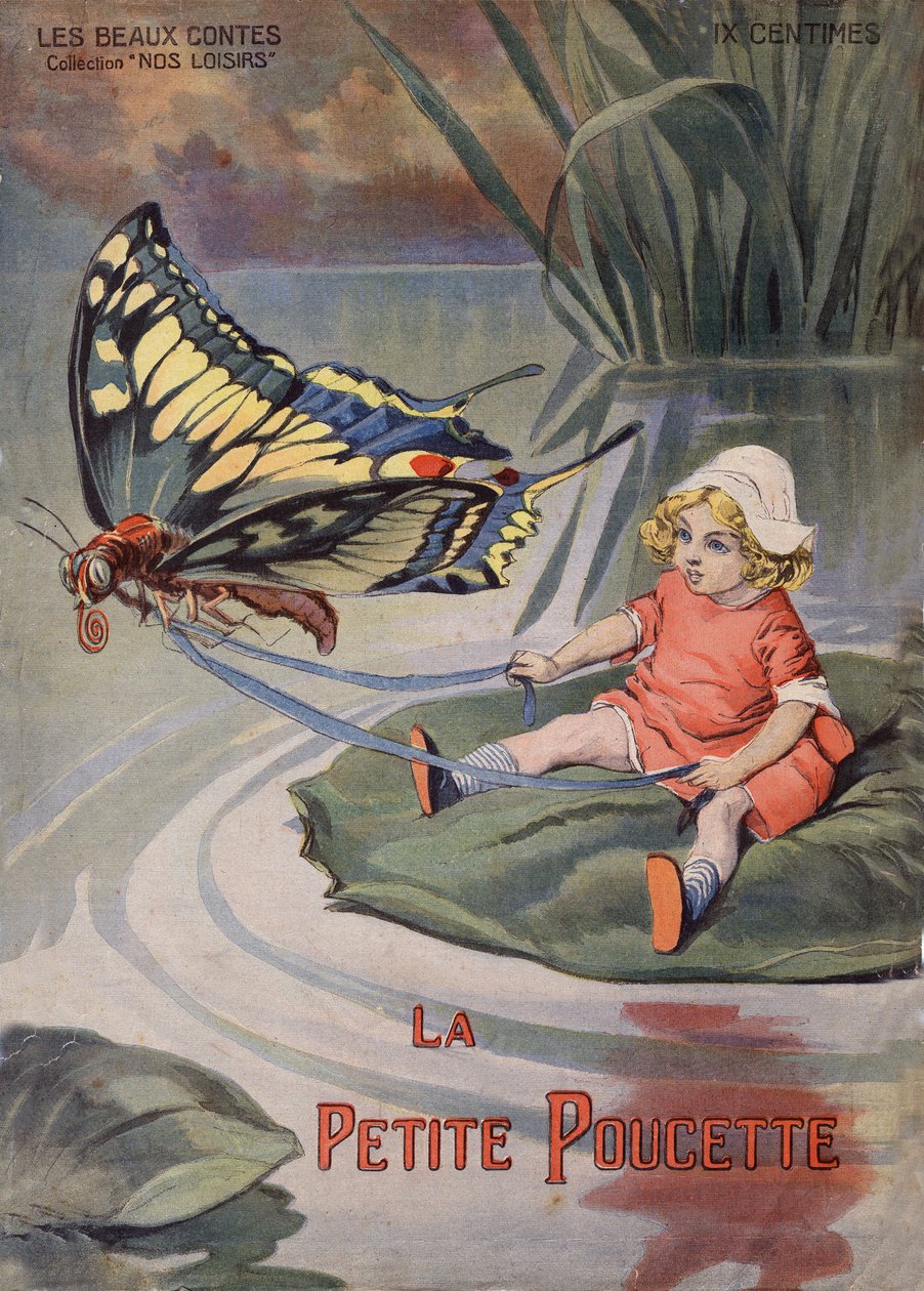A Kis Thummy. Egy tavirózsán ülő pici kislány húzza a pillangót. Hans Christian Andersen (1805-1875) meséje. Vaccari és Carrey illusztrációja a „” Les beaux tales”” „” Nos loisirs””” gyűjteményben 1910 körül. Magángyűjtemény. alkotó: Alfredo and Carrey Vaccari