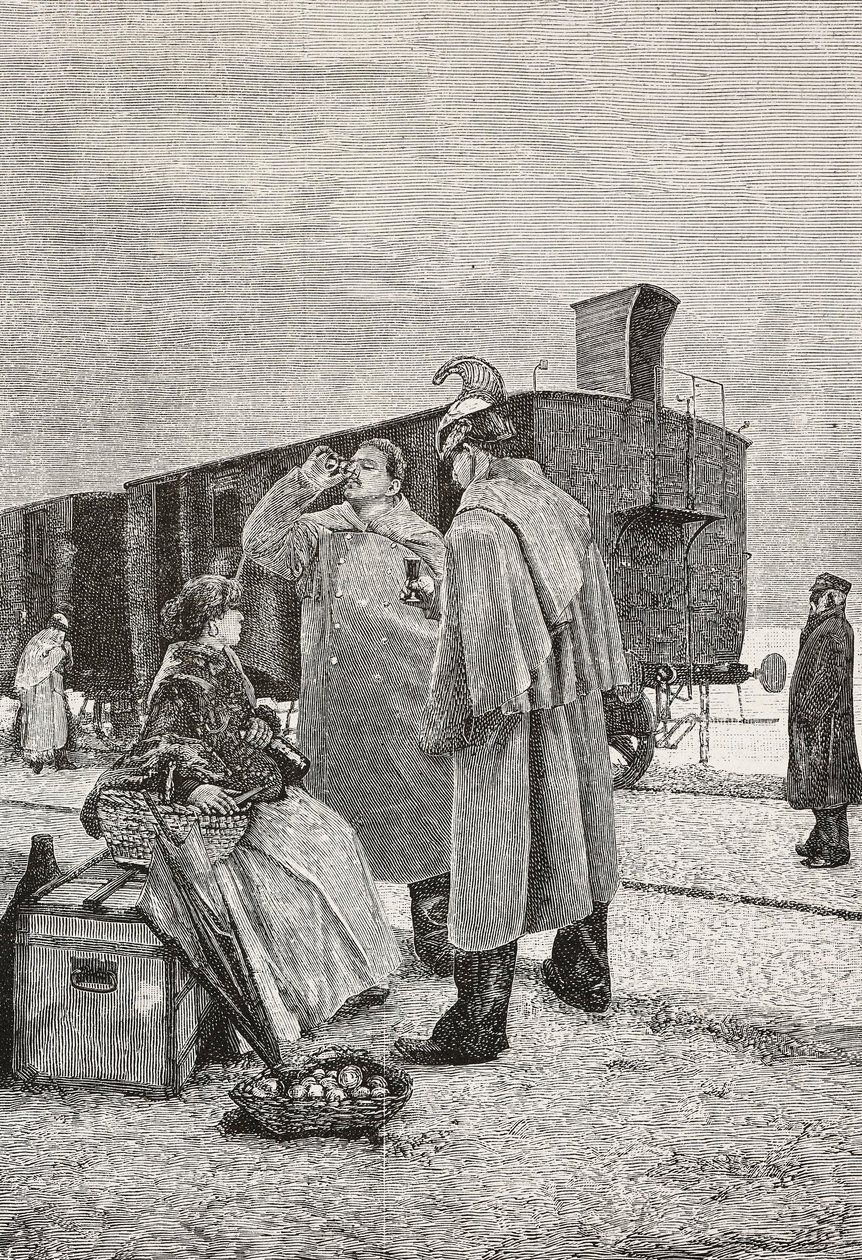 Öt perc megállás, két férfi áll a vonatnál, megállnak, isznak és esznek, metszet Alfredo Luxoro (1859-1918) festményéről, L