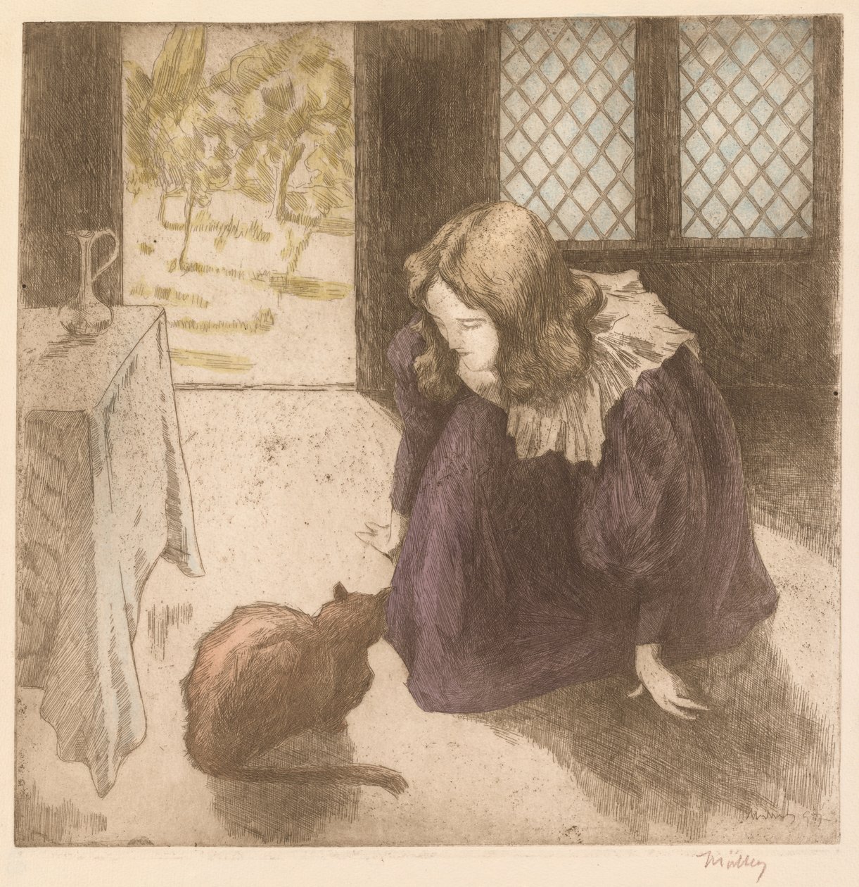 Belső, Kislány macskával La Petite fille au chat, 1897. alkotó: Alfredo Müller