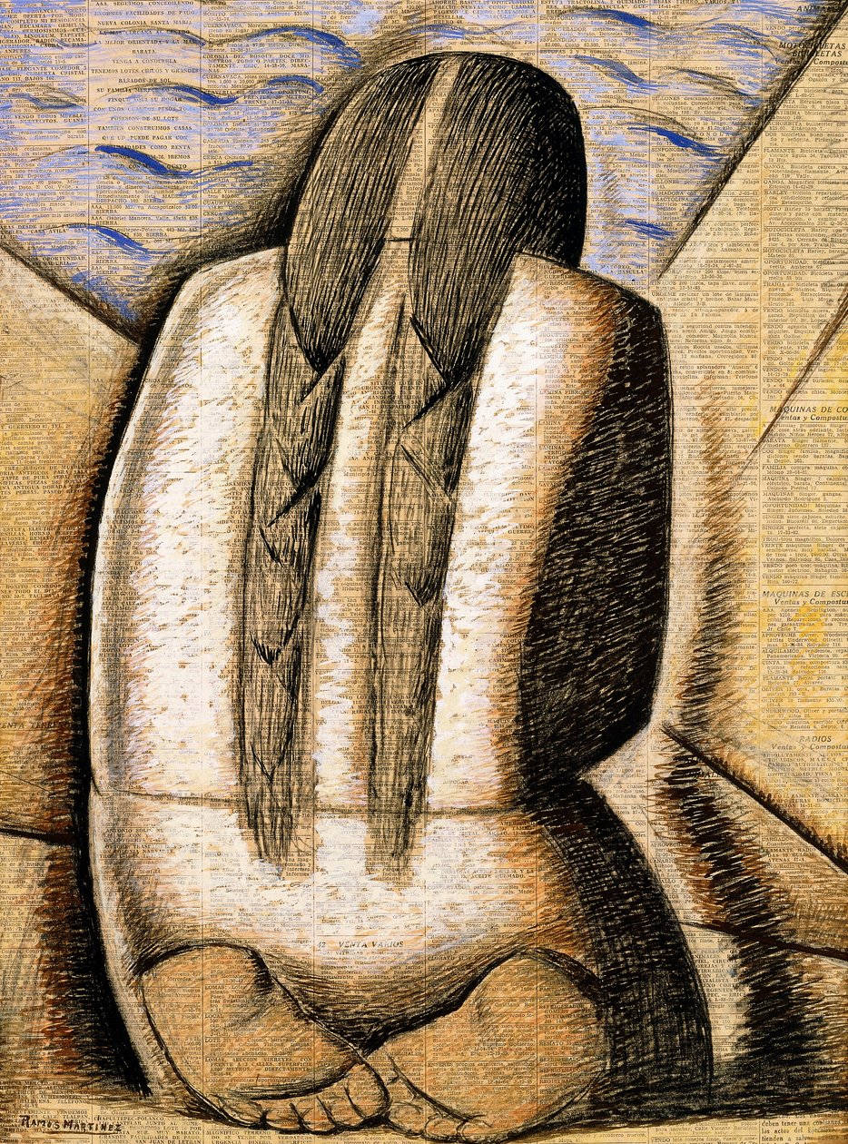 Meditáció, 1942 körül (gouache újságpapíron a fedélzeten) alkotó: Alfredo Ramos Martinez