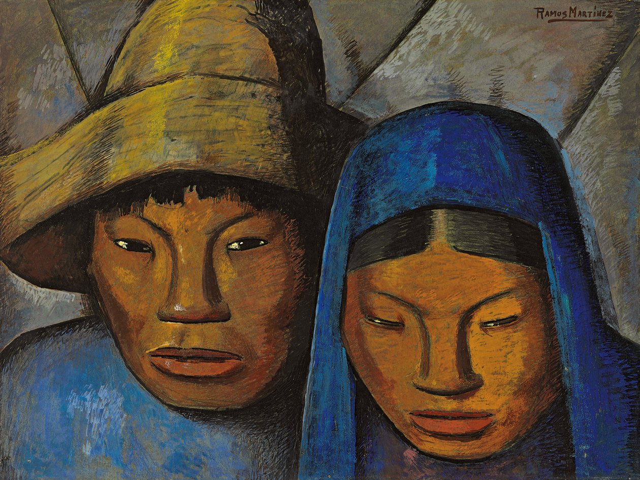 A pár kékben; La pareja en azul, 1930 körül (olaj, fedélzeten) alkotó: Alfredo Ramos Martinez