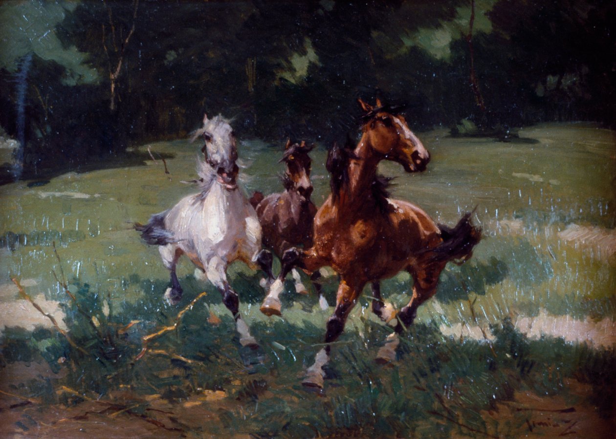Futólovak, Alfredo Tominz (1854-1936) festménye, olaj, karton, 67x48 cm, Olaszország alkotó: Alfredo Tominz
