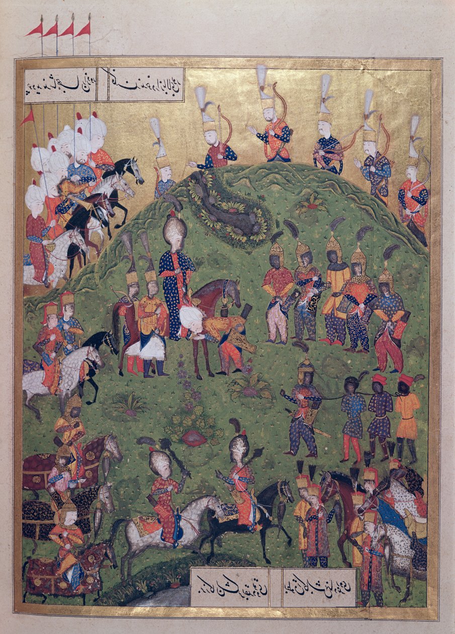 I. Szulejmán szultán (1495-1566) megérkezik Bogurdelen erődjébe, a „Szulejmannévből” (Mss Hazine. 1517 f.81r), 1558 (tinta és aranylevél pergamen) alkotó: Ali Amir Beg
