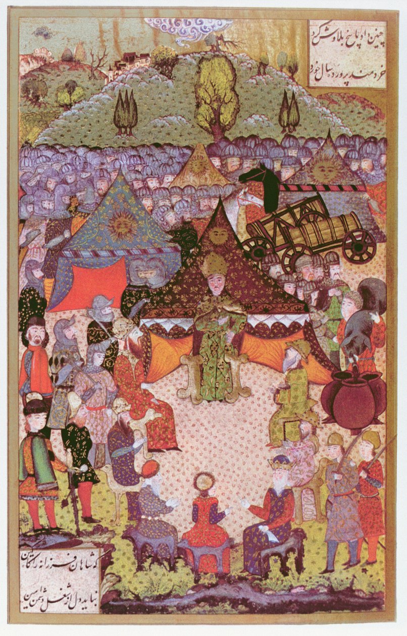 II. Lajos (1506-26) magyar király az 1526-os, 1558-as mohácsi csata előtti tanácsban (tinta és aranylevél pergamen) alkotó: Ali Amir Beg