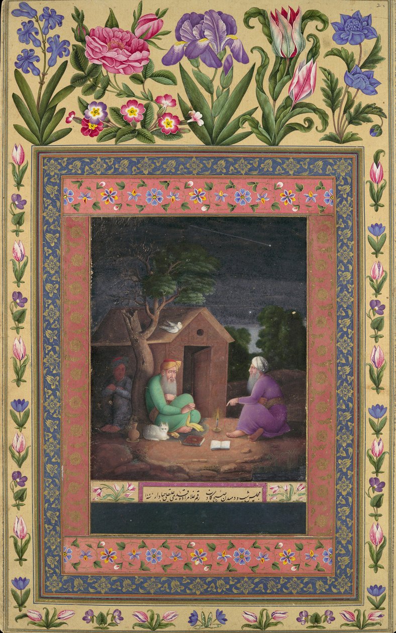 Két öreg vitában a kunyhón kívül, Folio a Davis-albumból, A.H.1085A.D.1674-75. alkotó: Ali Quli Jabbadar