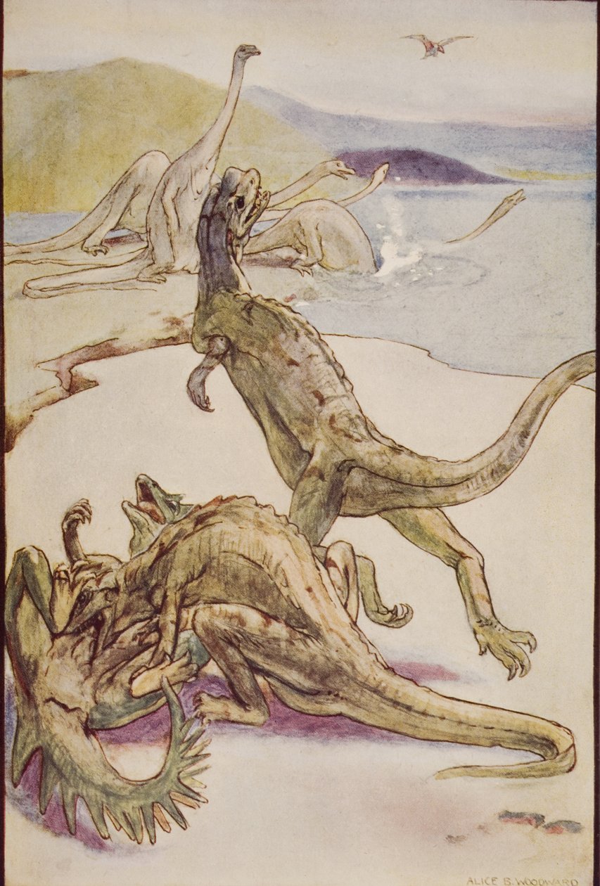 A Deinotheriát bemutató mezozoikum jelenet, illusztráció H.G. Wells „A történelem vázlatából”, I. kötet, 1920-ban (színes litó) alkotó: Alice Bolingbroke (after) Woodward