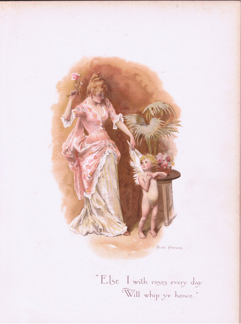 Minden nap rózsával korbácsollak titeket innen., a Hildesheimer & Faulkner által 1892-ben megjelentetett Néhány régi szerelmes dalból. alkotó: Alice Havers