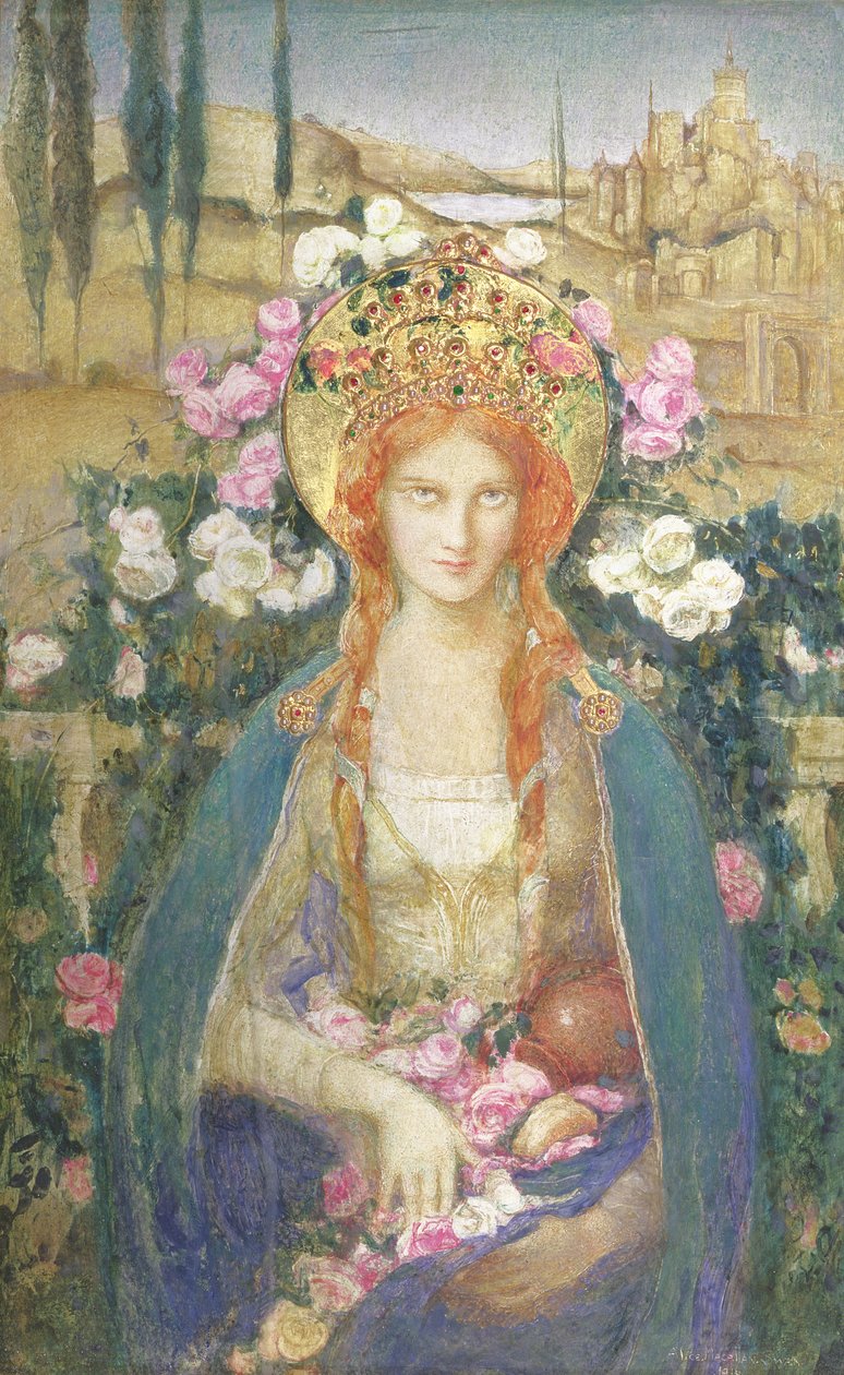 Magyar Szent Erzsébet, 1916 (tempera, papír, kartonra fektetve, féldrágakövekkel kirakott aranylevéllel, diadém domborművön) alkotó: Alice Macallan Swan