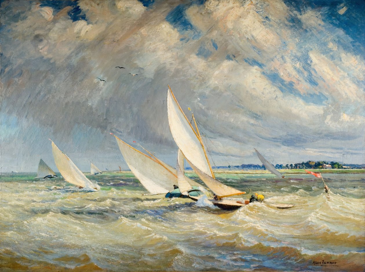 Rossz időben száguldó jachtok – Burnham-On-Crouch, 1919. alkotó: Alice Maud Fanner