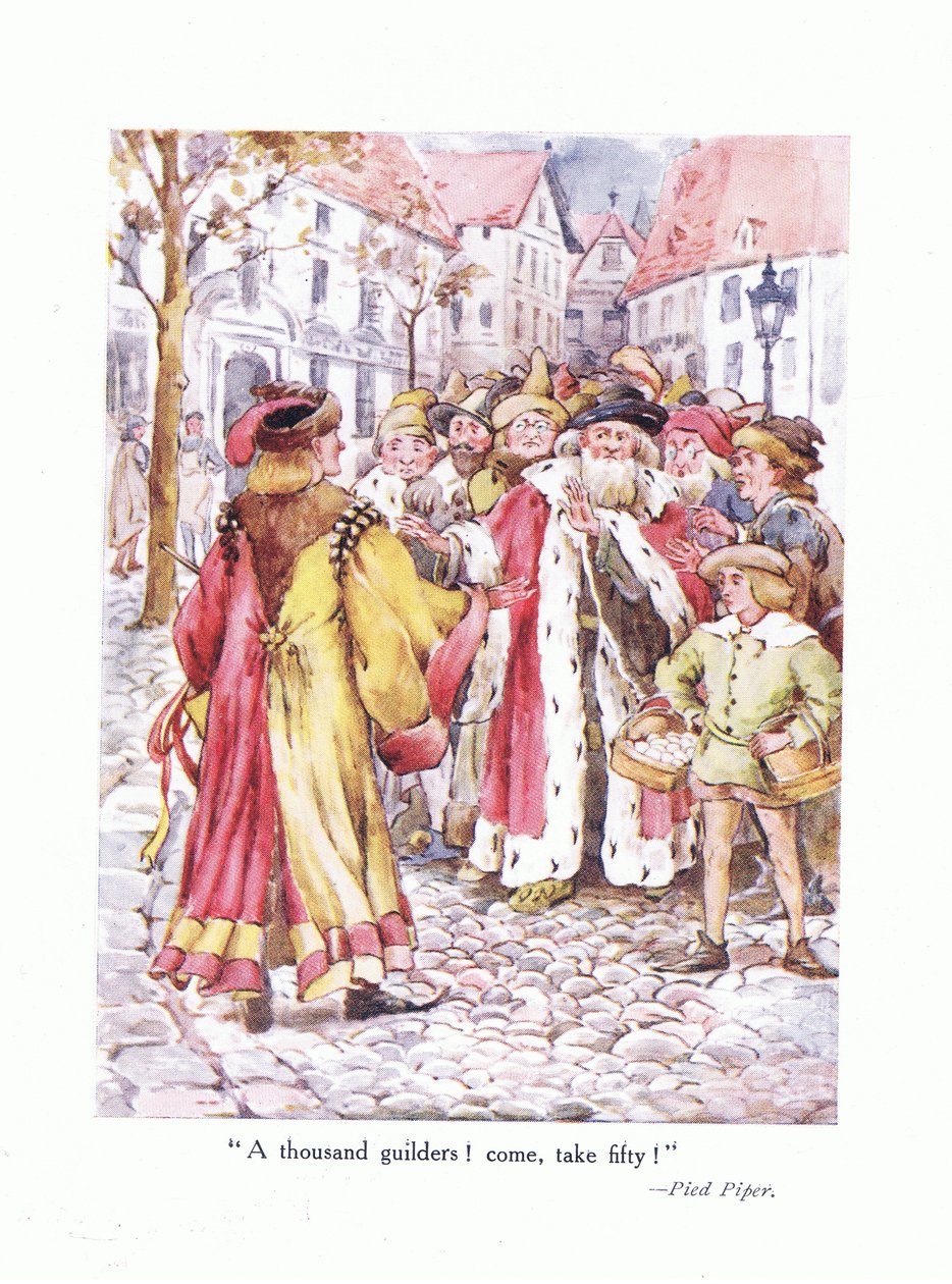 Ezer gulden! Gyere, vegyél ötvenet!, illusztráció a Versek a fiataloknak című könyvéből: Robert Browning, 1920 körül alkotó: Alice Ross